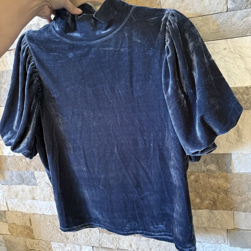 FREE PEOPLE Velvet Knit Claudia Top Womens S Puff Sleeve Boho Fairy Country Blue